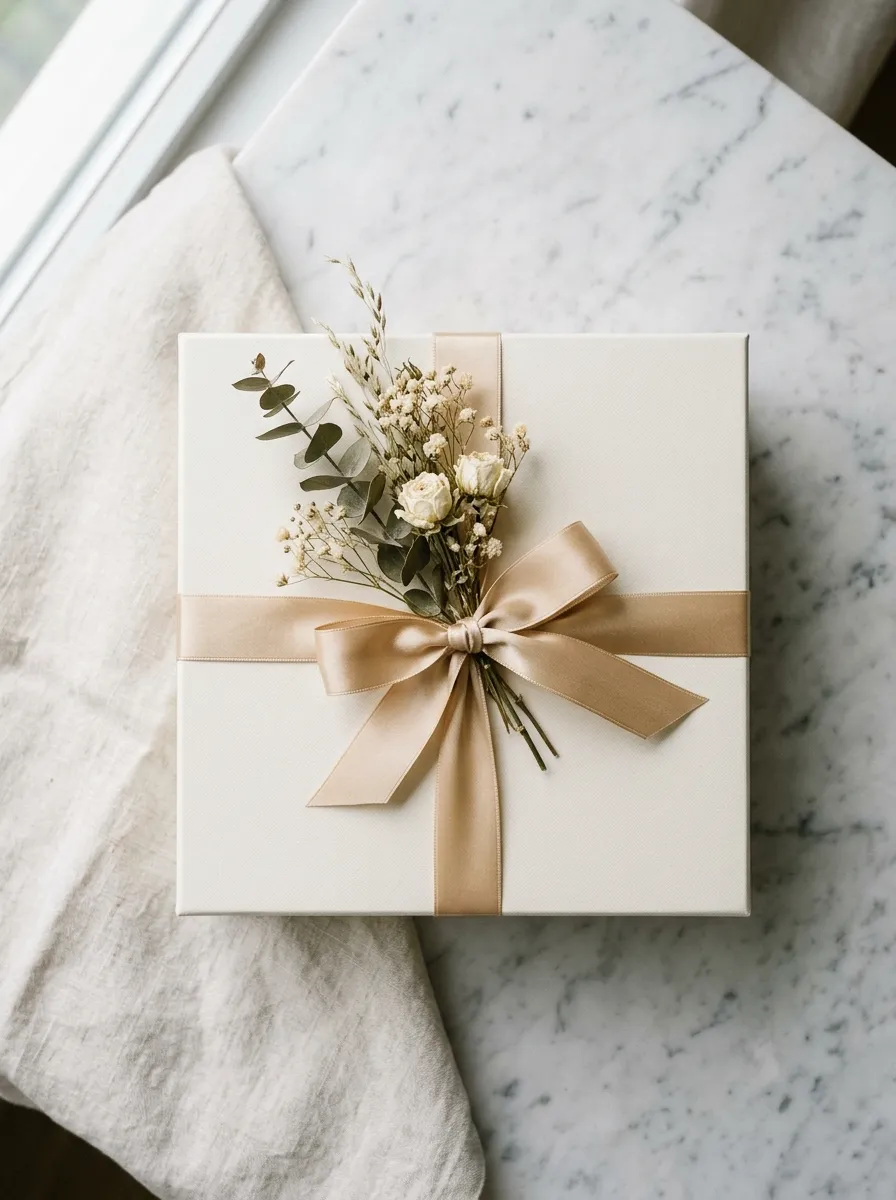 Ivory wedding gift box with satin ribbon and dried florals