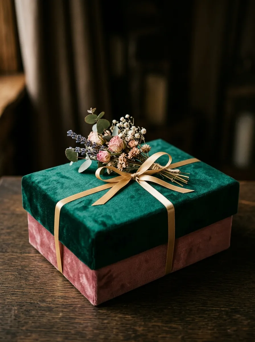 Velvet wedding gift box with gold ribbon